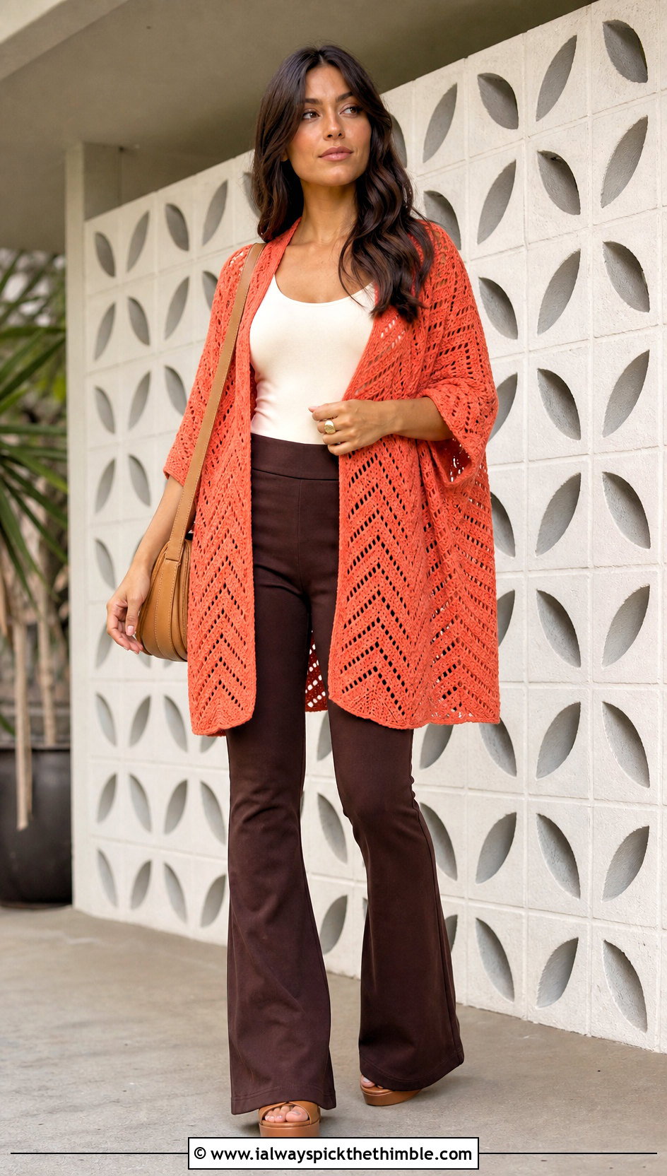 Chevron Crochet Shawl With Flared Pants - 20 crochet shawl with arm holes outfit ideas