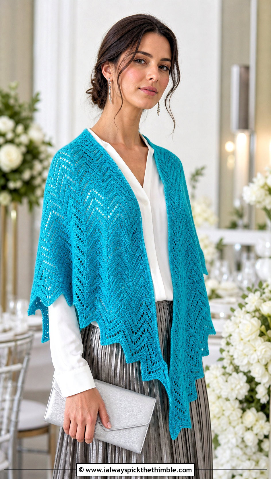 Chevron Crochet Shawl With Metallic Pleated Skirt - 15 Winter Wedding Crochet Shawl outfit ideas