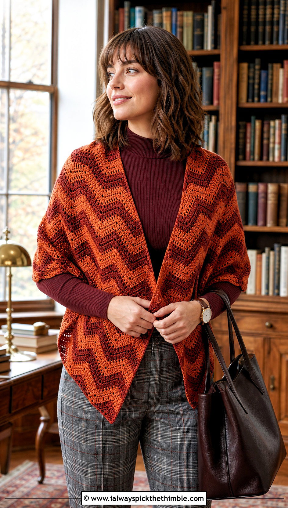 Chevron Crochet Shawl With Plaid Trousers - 20 Fall Crochet Shawl outfit ideas