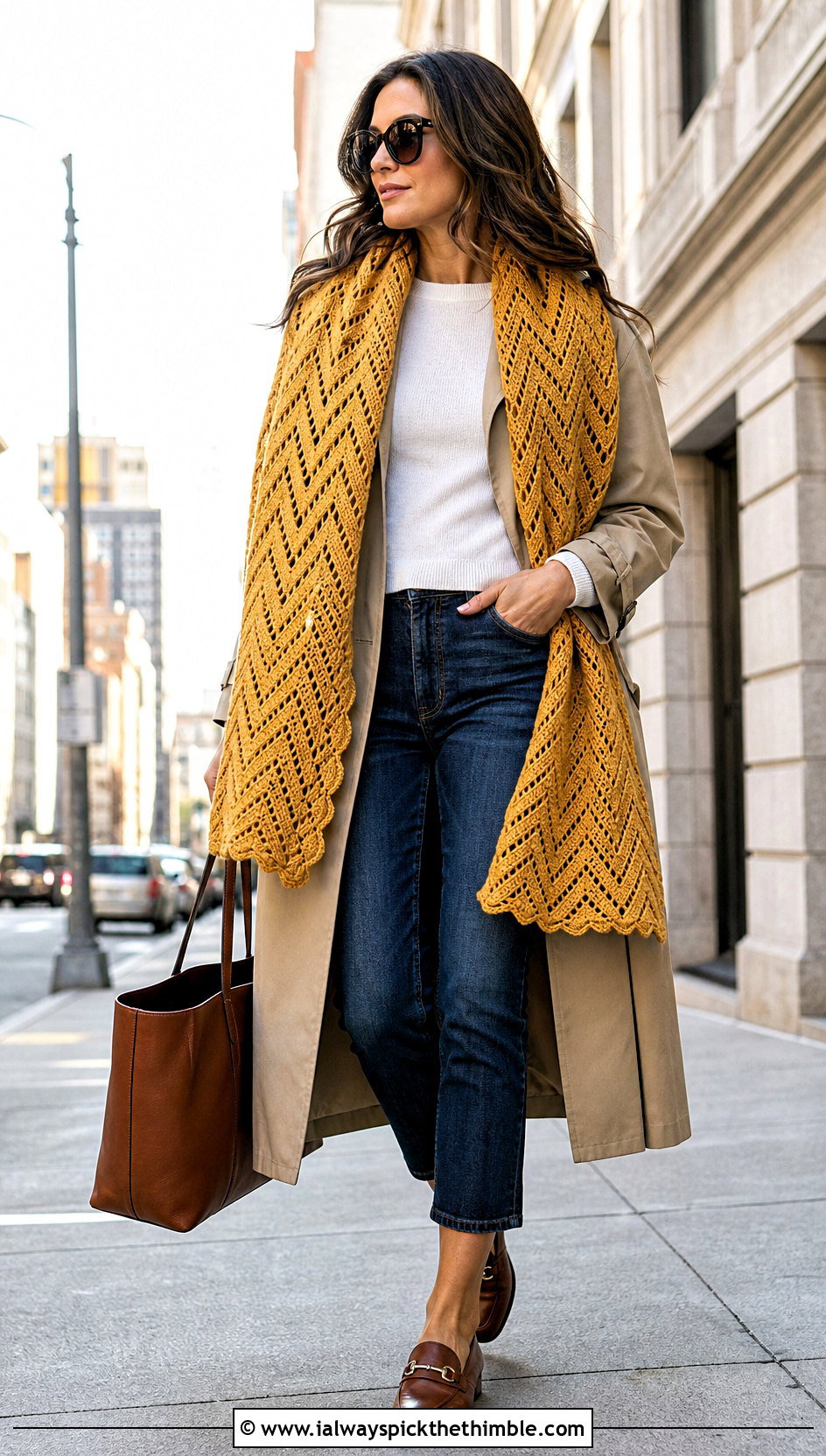 Chevron Crochet Shawl With Trench Coat And Jeans - 20 beautiful crochet shawls and wraps outfit ideas