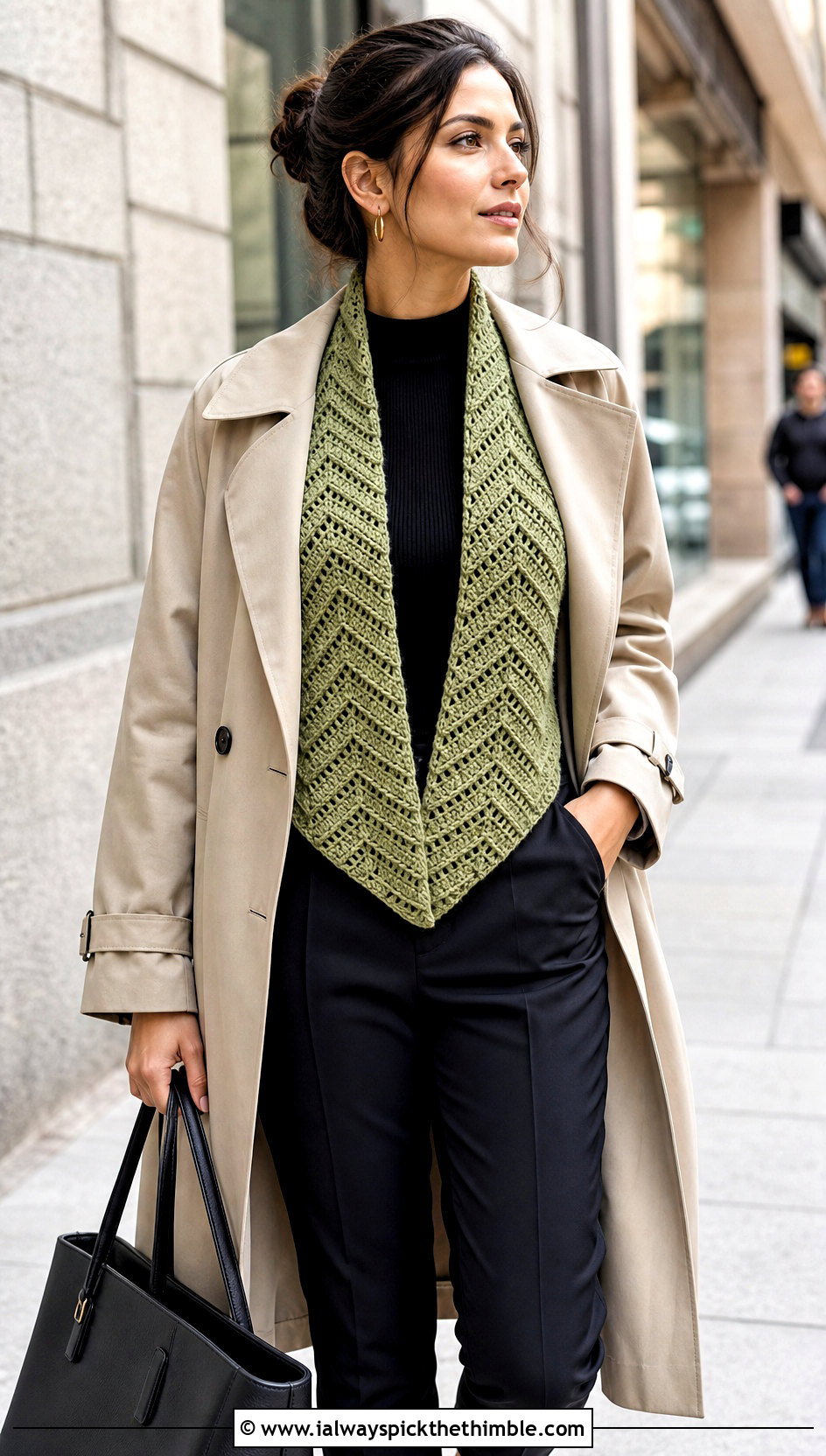 Chevron Crochet Shawl With Trench Coat And Trousers - 20 Crochet For Shawl outfit ideas