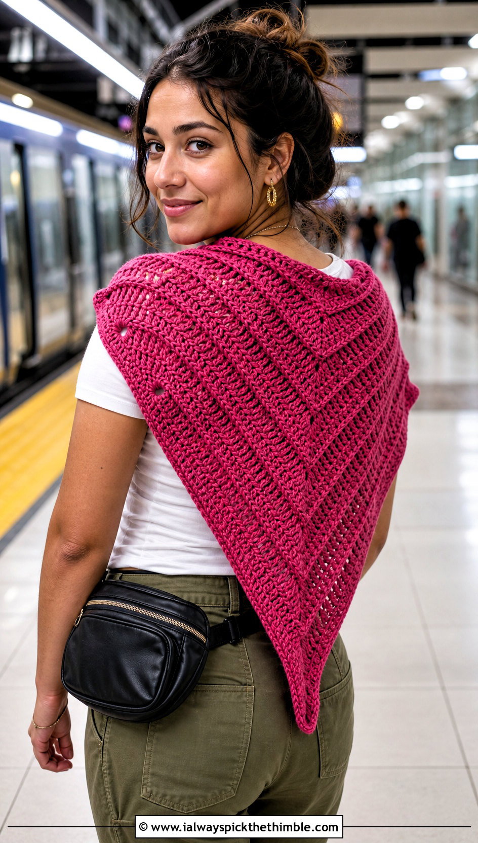 Chevron Crochet Shawl With Utility Pants - 25 quick crochet shawl outfit ideas