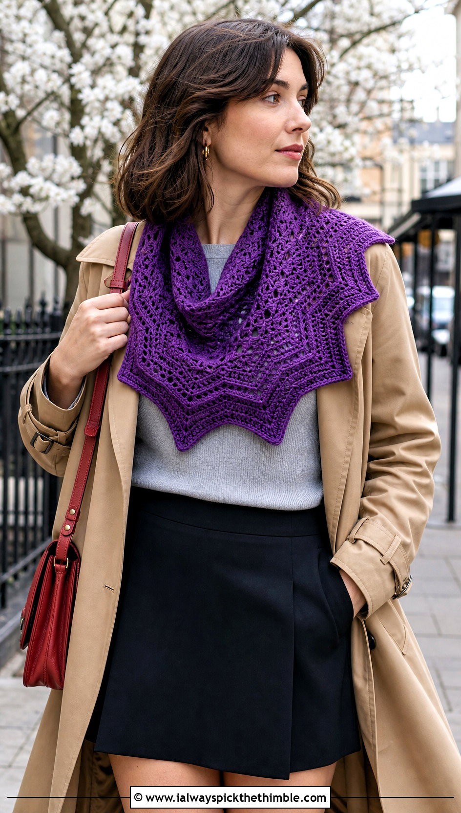 Chevron Crochet Shawlette With Trench Coat And Mini Skirt - 20 Spring Crochet Shawl outfit ideas