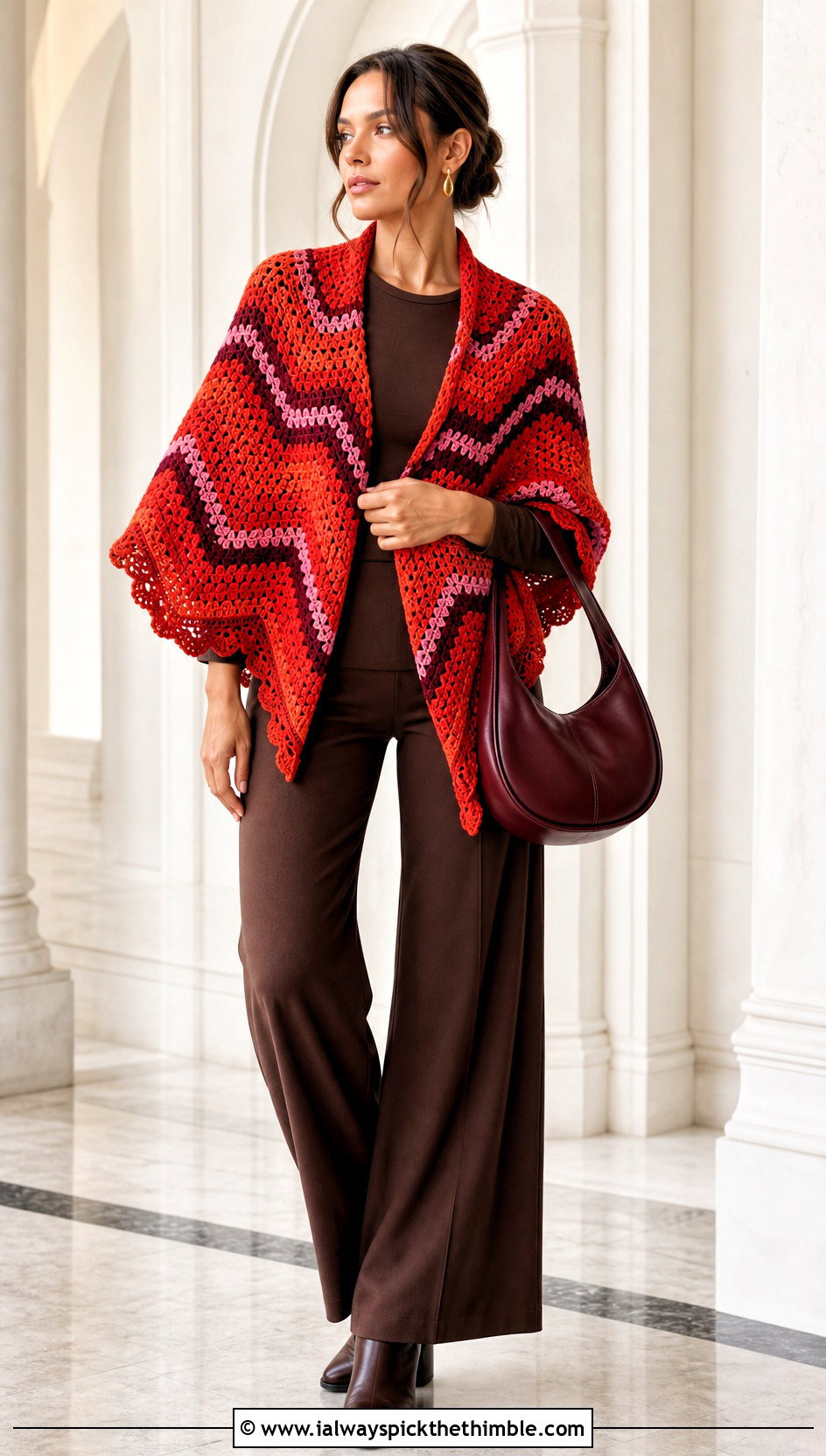 Chevron Crochet Shoulder Shawl With Monochrome Basics - 20 Crochet Shoulder Shawl outfit ideas