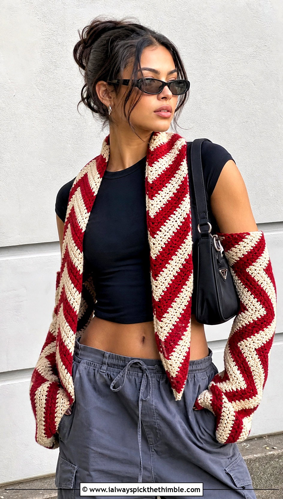 Chevron Crochet Sleeve Scarf With Cargo Pants - 20 crochet sleeve scarf outfit ideas