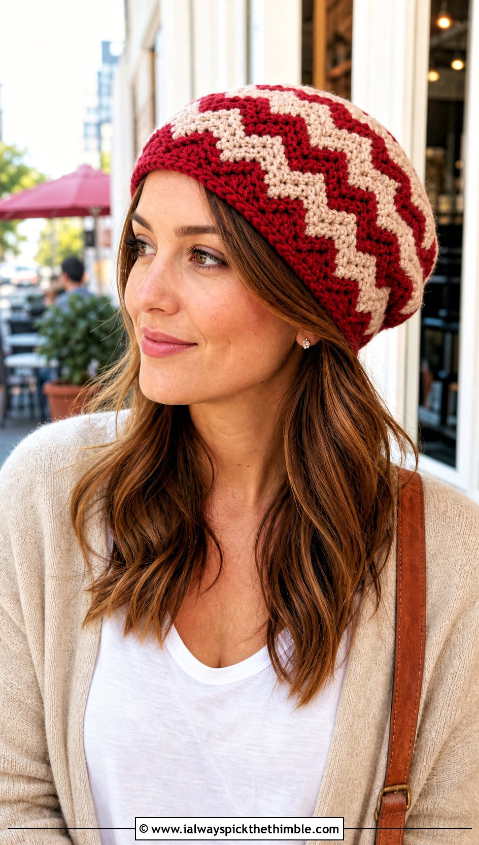 Chevron Crochet Slouch Beanie With Long Cardigan - 25 crochet slouch beanie outfit ideas