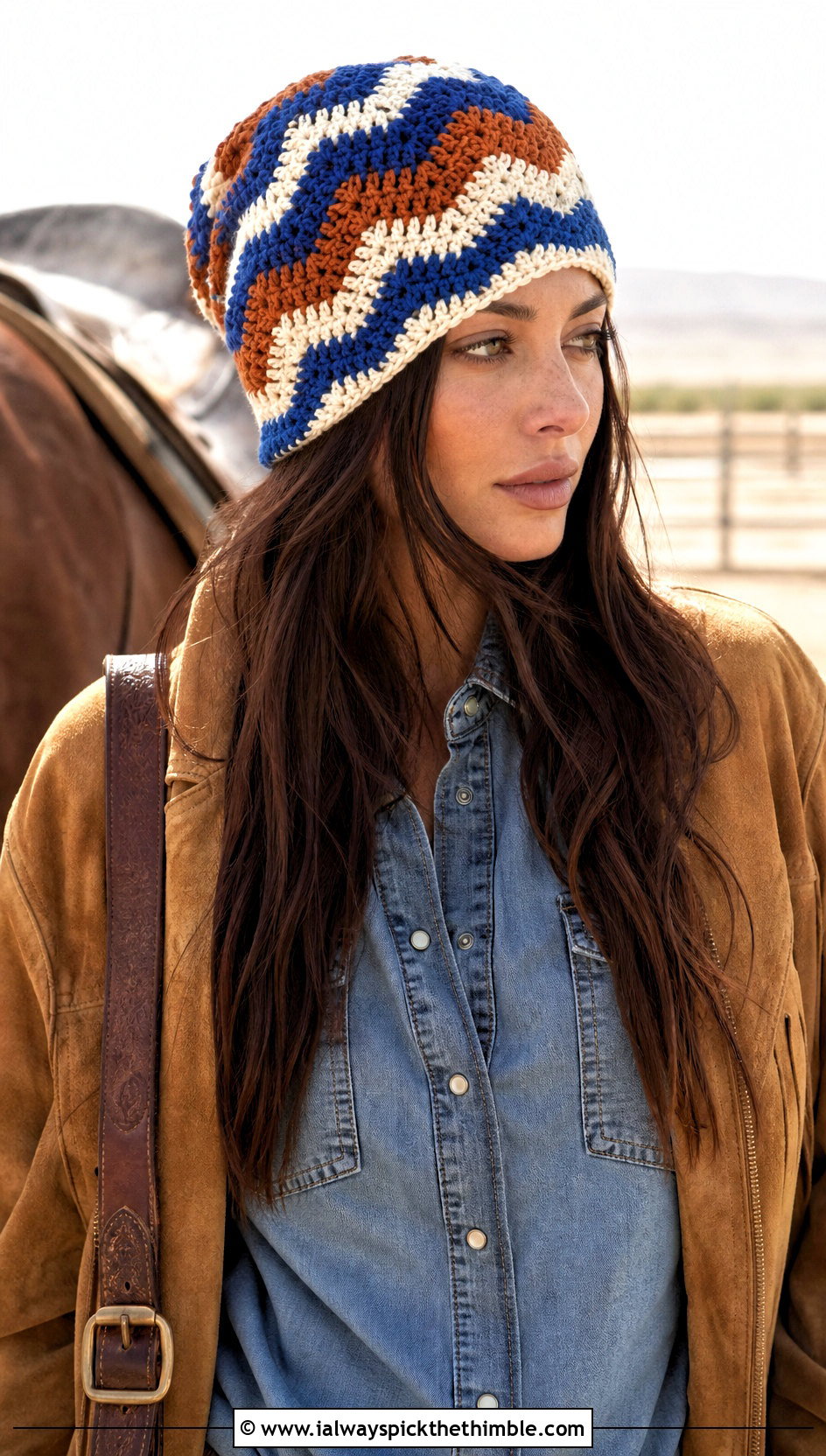 Chevron Crochet Slouchy Hat With Western Shirt And Denim Skirt - 25 crochet slouchy hat outfit ideas