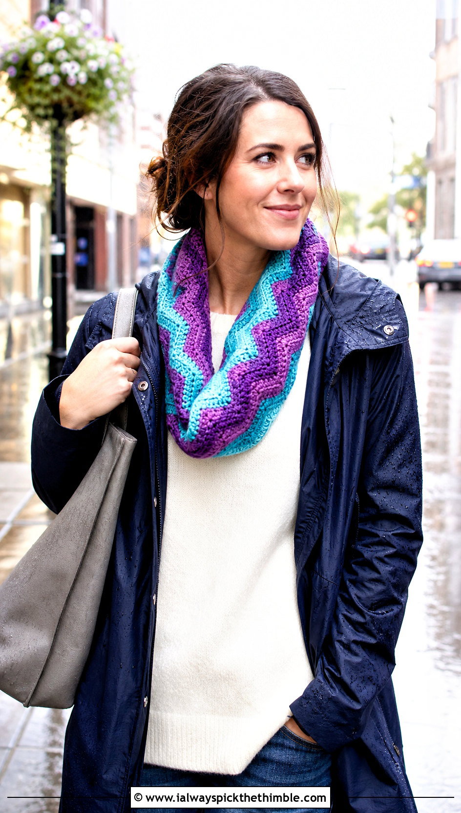 Chevron Crochet Snood Cowl With Raincoat - 20 crochet snood cowl outfit ideas