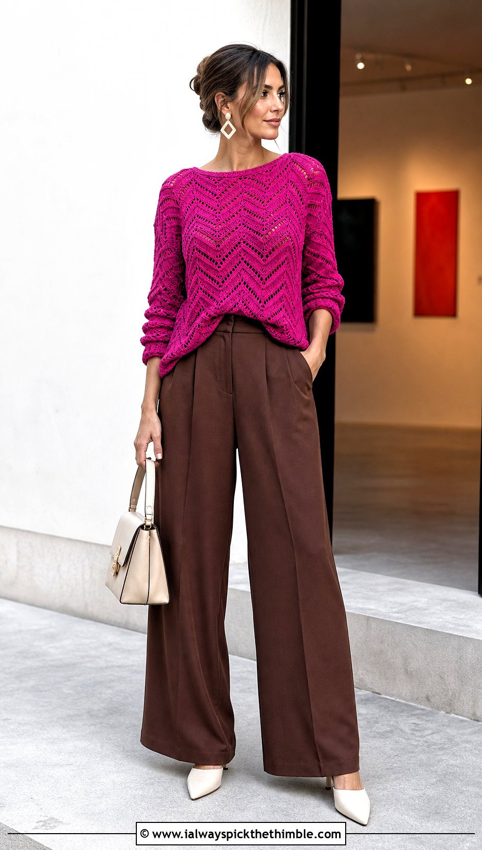 Chevron Crochet Summer Pullover With Relaxed Suit Pants - 20 crochet summer pullover outfit ideas