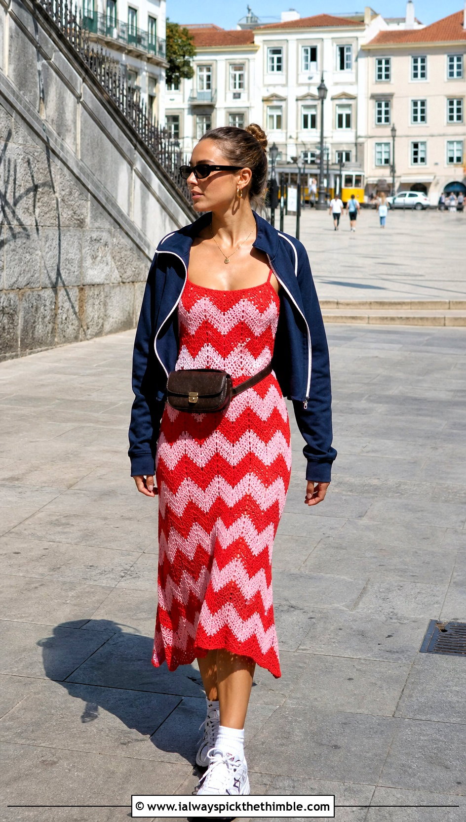 Chevron Crochet Sundress With Track Jacket - 25 crochet sundress outfit ideas