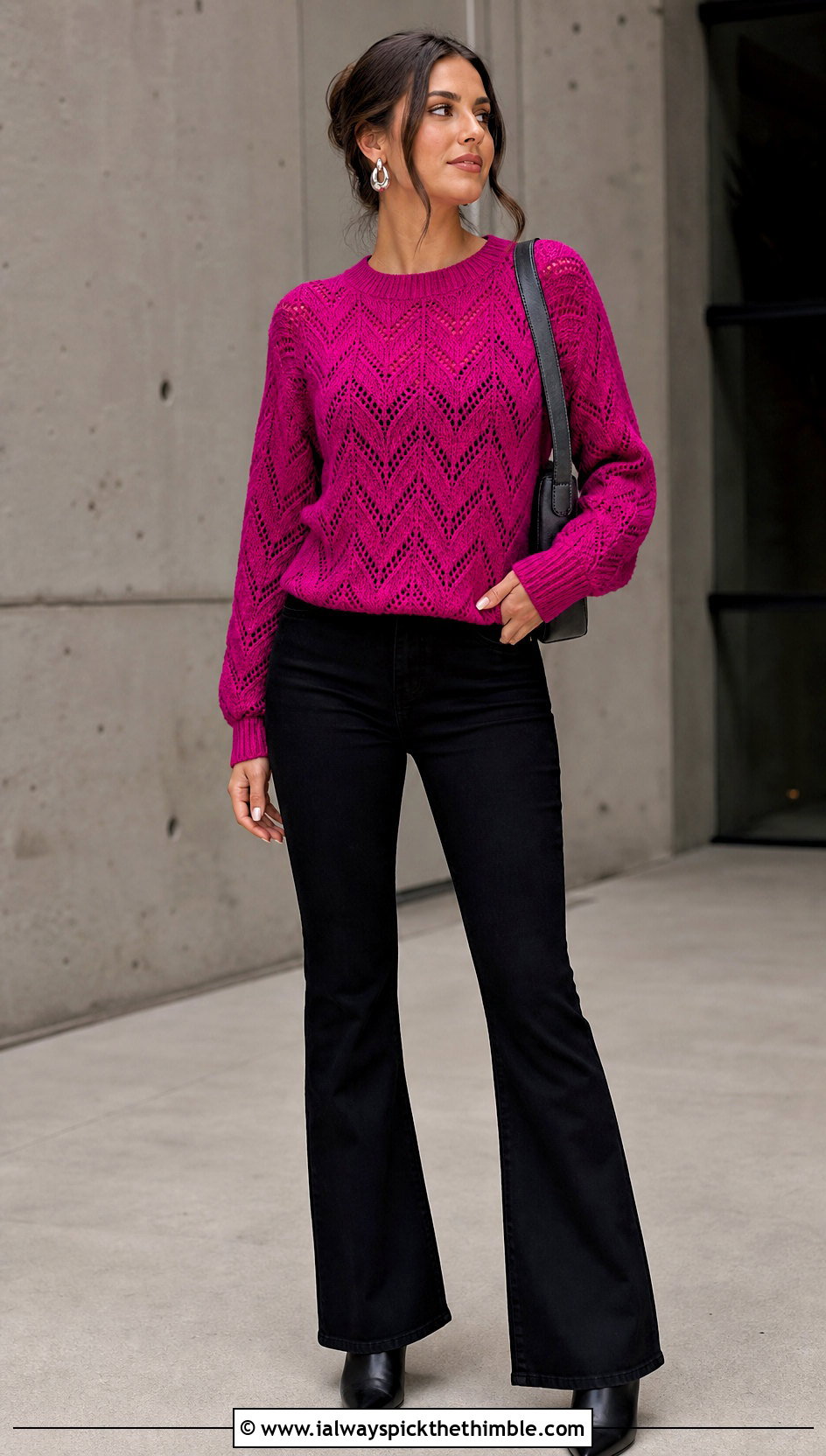 Chevron Crochet Sweater With Black Flare Jeans - 20 Crochet Textured Sweater outfit ideas