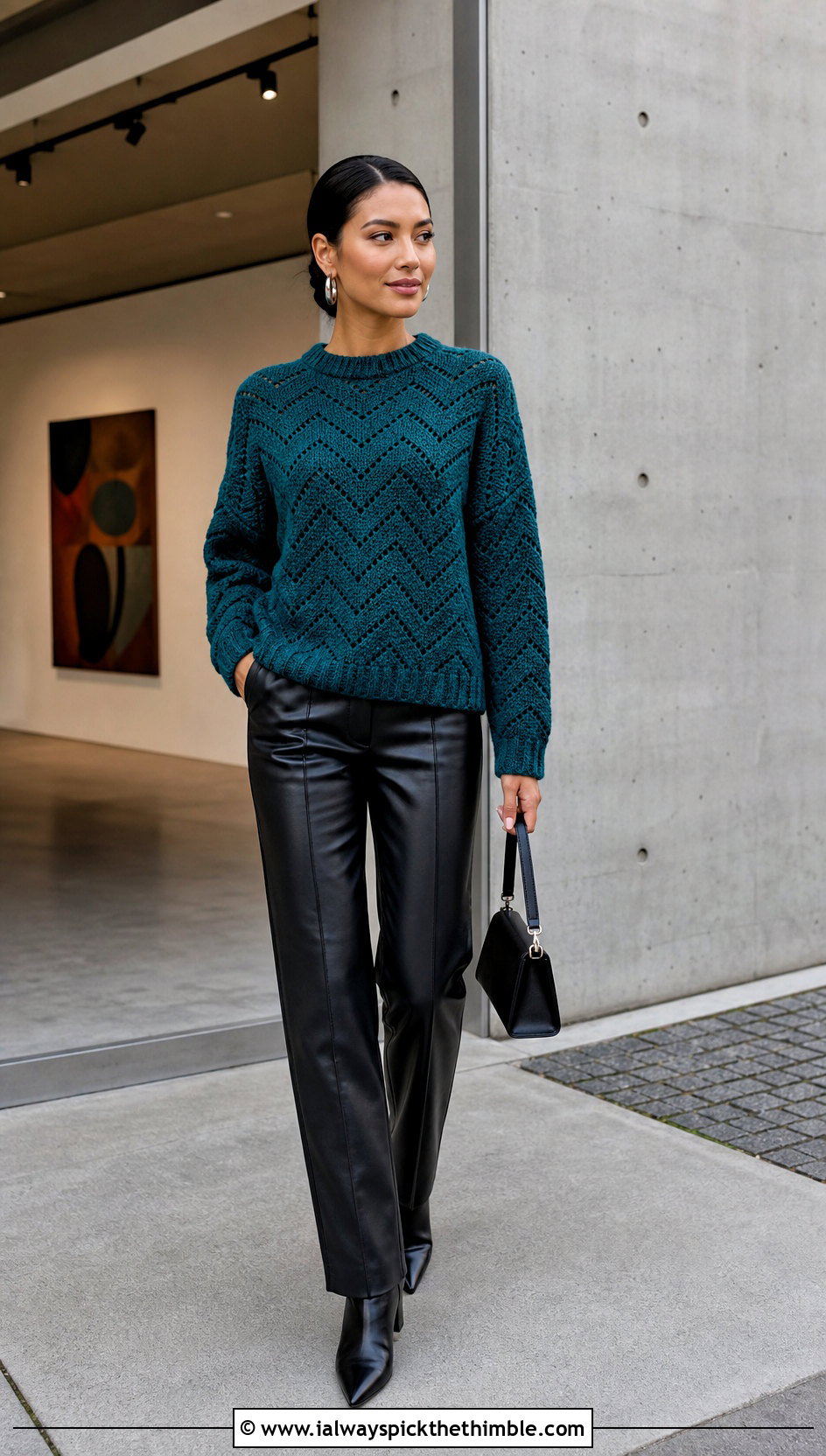 Chevron Crochet Sweater With Leather Pants - 15 crochet sweater with geometric outfit ideas