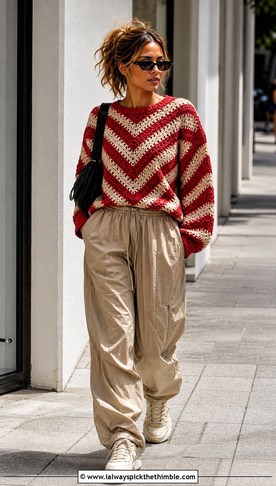 Chevron Crochet Sweater With Parachute Pants - 20 Crochet 80S Clothes and outfit ideas