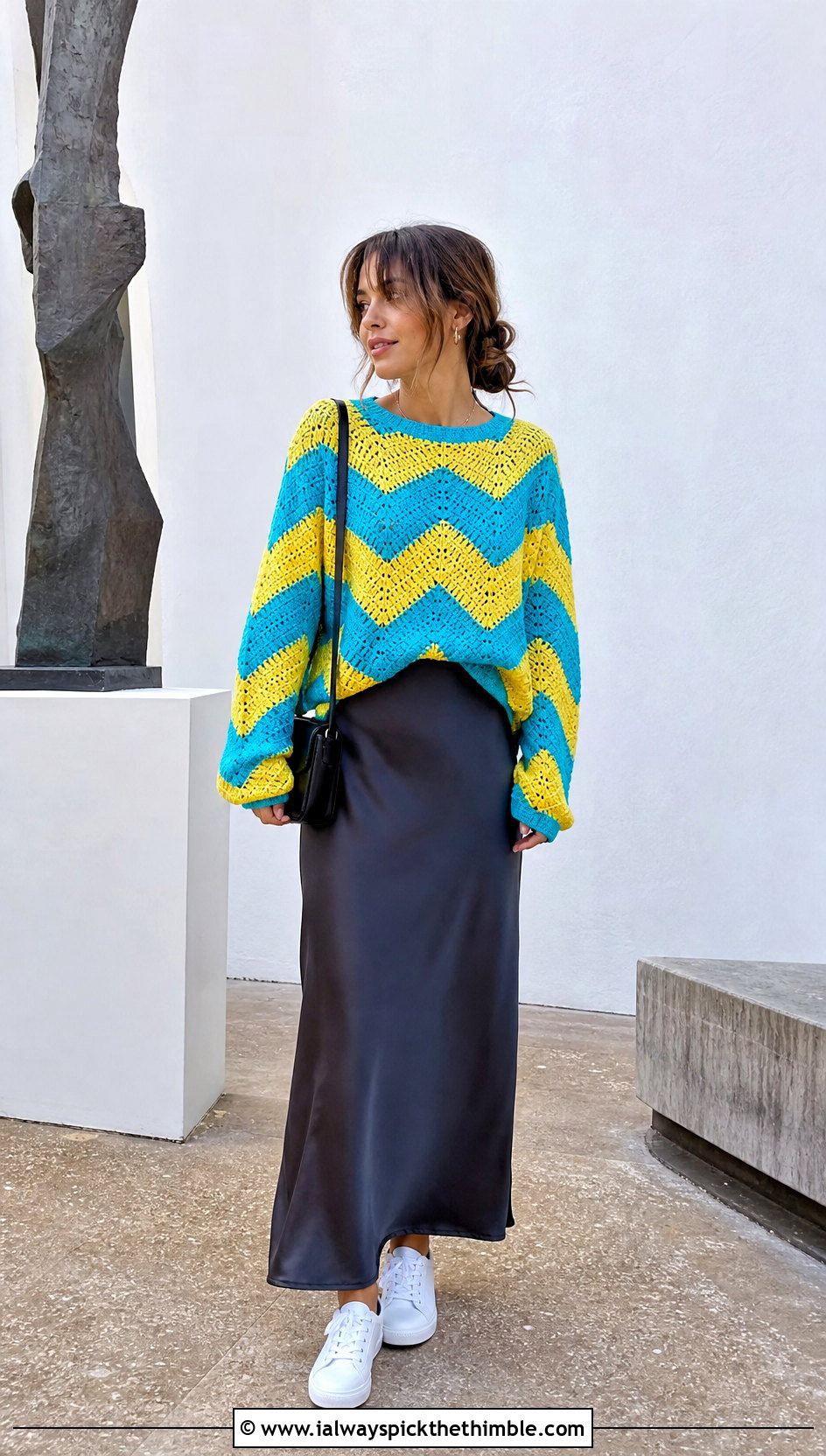 Chevron Crochet Sweater With Slip Dress - 20 cool crochet sweater outfit ideas