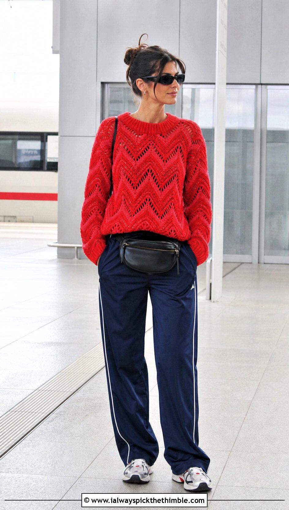 Chevron Crochet Sweater With Track Pants - 20 Patterned Crochet Sweater outfit ideas