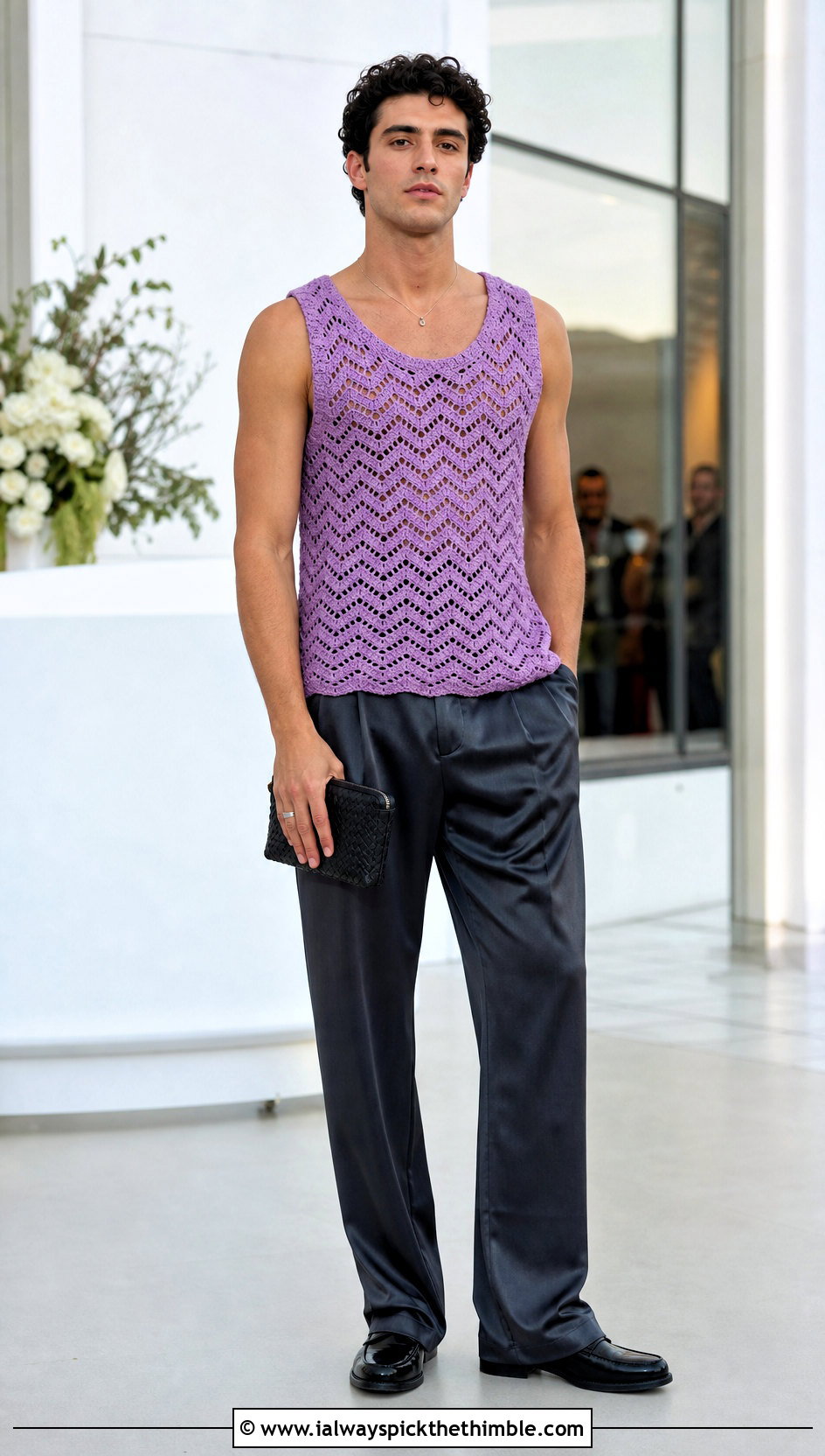 Chevron Crochet Tank Top With Satin Trousers - 20 Mens Crochet Tank Top outfit ideas