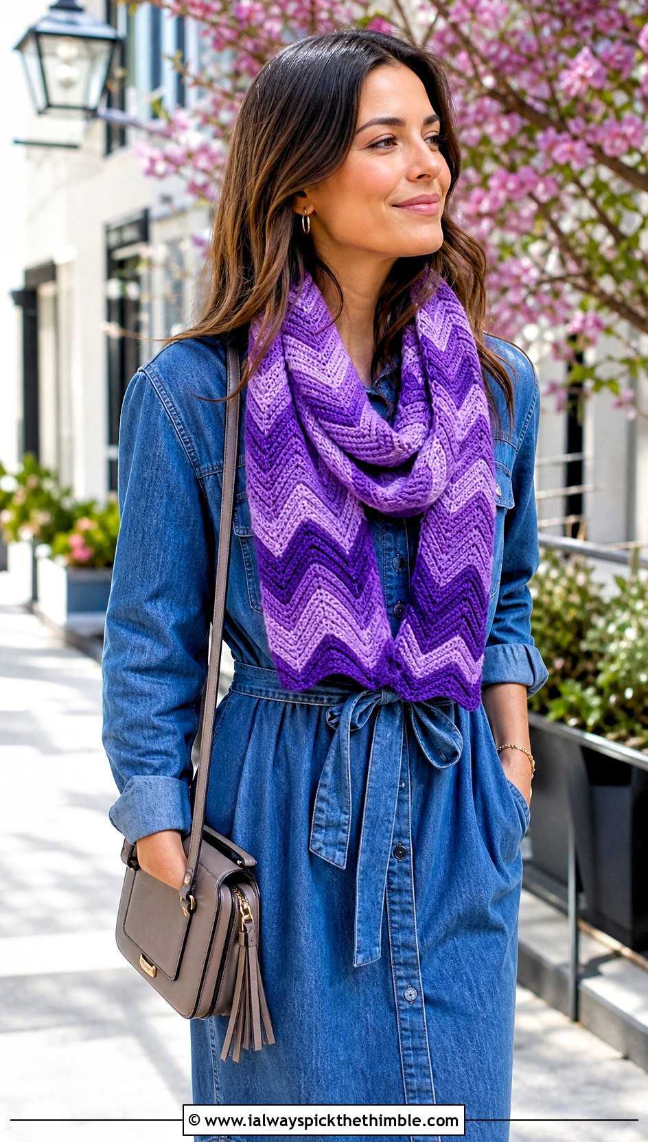 Chevron Crochet Textured Scarf With Denim Shirt Dress - 20 Crochet Textured Scarf outfit ideas
