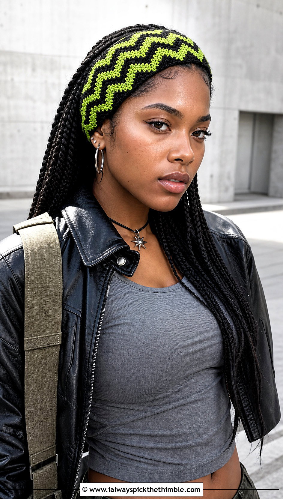 Chevron Crochet Tie Headband With Leather Jacket And Cargo Pants - 25 crochet tie headband outfit ideas
