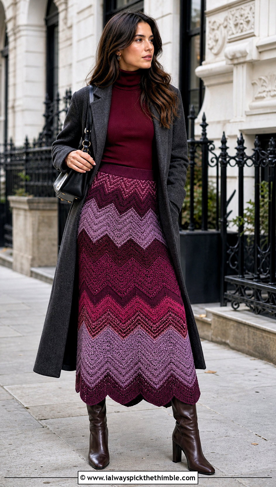 Chevron Crochet Tiered Maxi Skirt With Fitted Turtleneck - 25 crochet tiered skirt outfit ideas