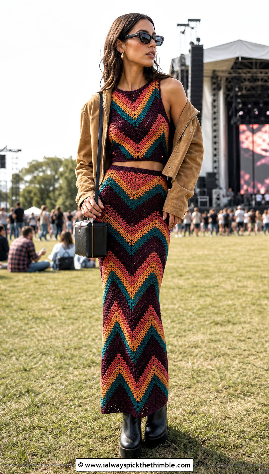 Chevron Crochet Top And Flare Skirt Set - 20 festival crochet two piece outfit ideas