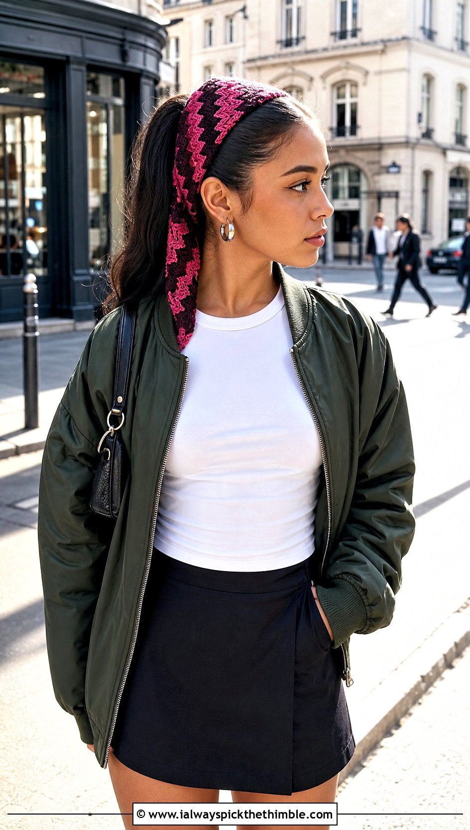 Chevron Crochet Triangle Hair Scarf With Bomber Jacket And Mini Skirt - 20 crochet triangle hair scarf outfit ideas