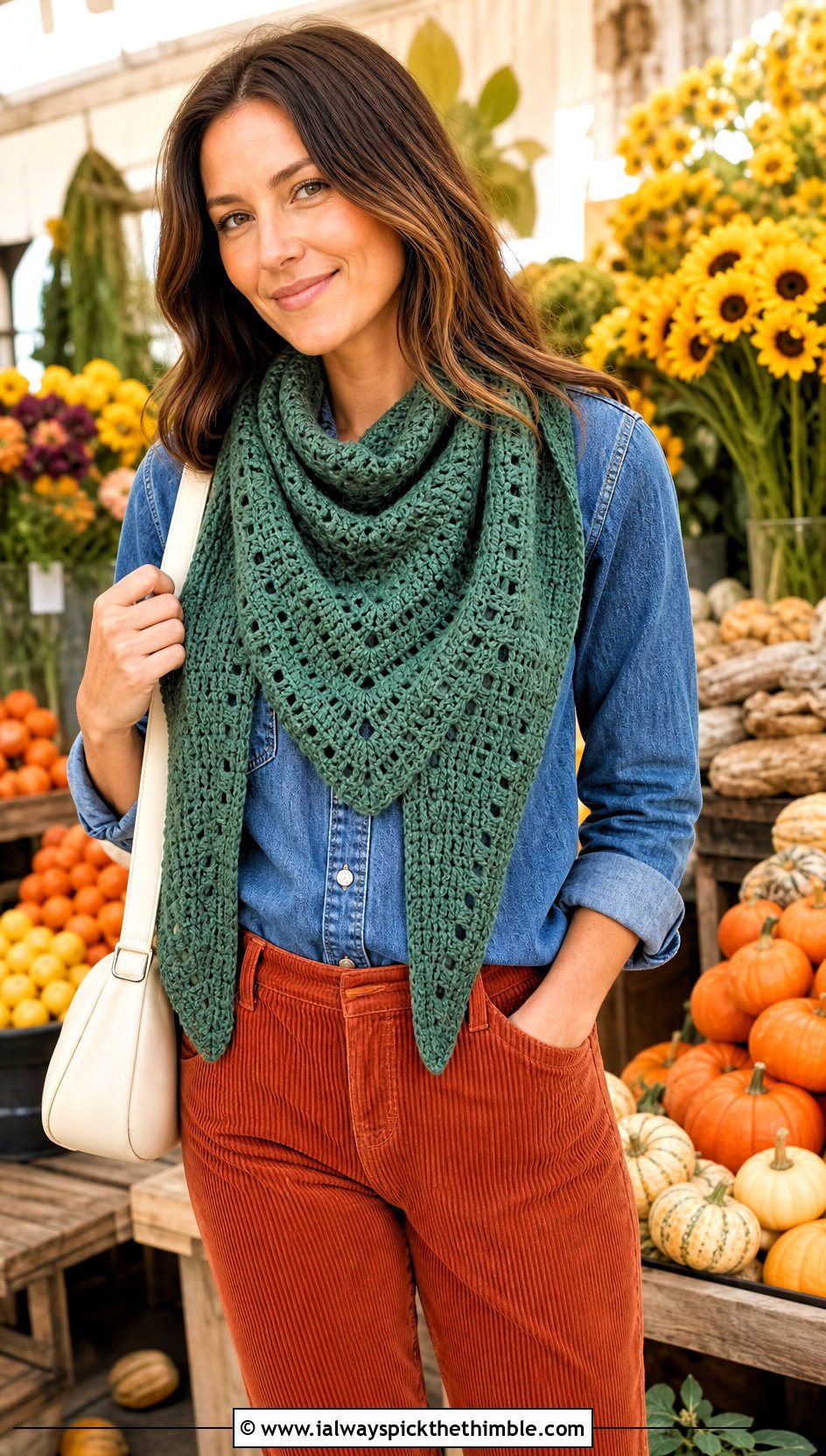 Chevron Crochet Triangle Scarf With Denim Shirt And Corduroy Pants - 25 crochet triangle scarf outfit ideas