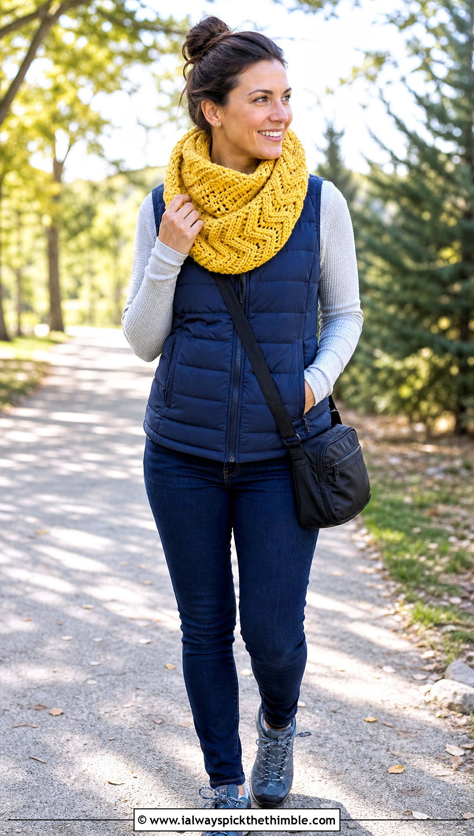 Chevron Crochet Tube Scarf With Puffer Vest - 20 Crochet Tube Scarf outfit ideas