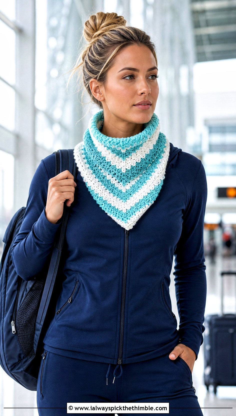 Chevron Crochet Turtleneck Cowl With Tracksuit - 20 Crochet Turtleneck Cowl outfit ideas