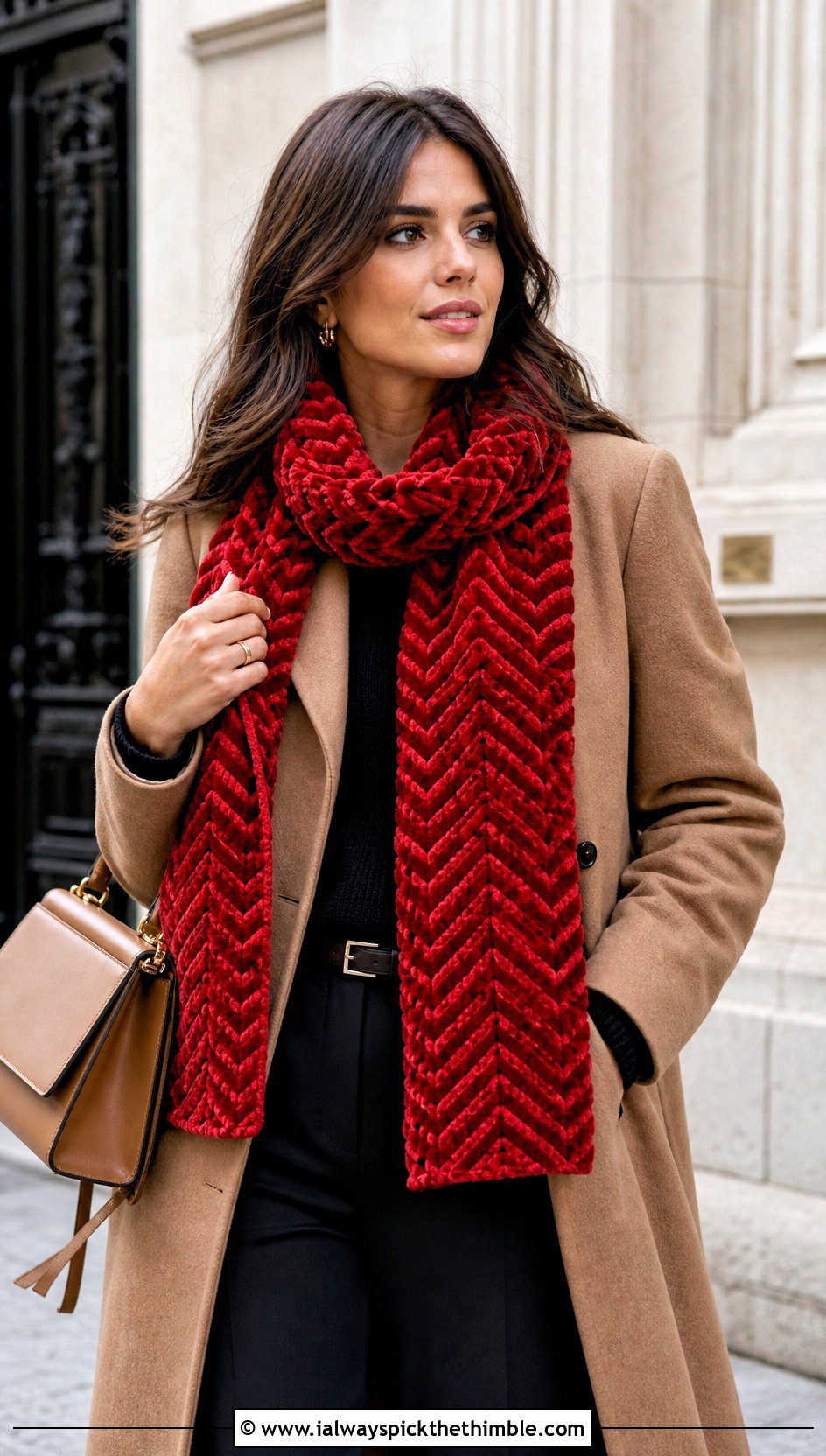 Chevron Crochet Velvet Scarf With Wool Coat - 20 Crochet Velvet Scarf outfit ideas