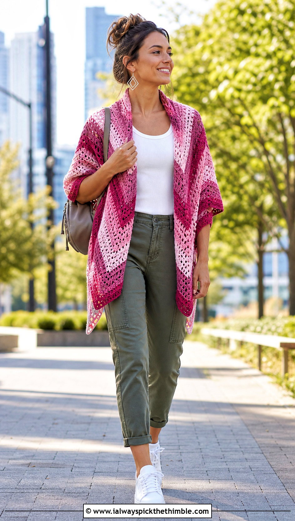 Chevron Crochet Wrap Shawl With Utility Pants - 25 crochet wrap shawl outfit ideas