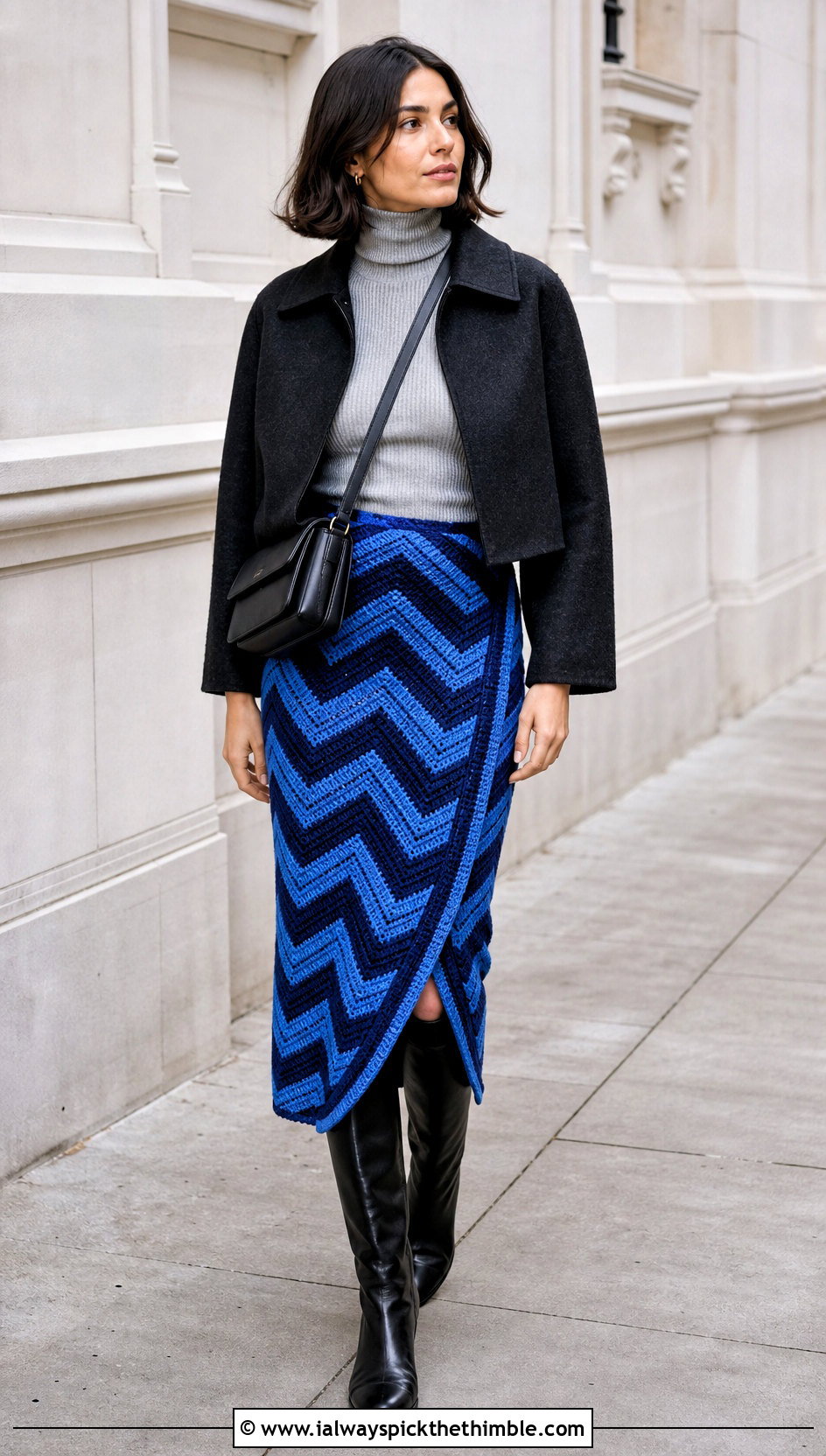Chevron Crochet Wrap Skirt With Ribbed Turtleneck - 25 crochet wrap skirt outfit ideas