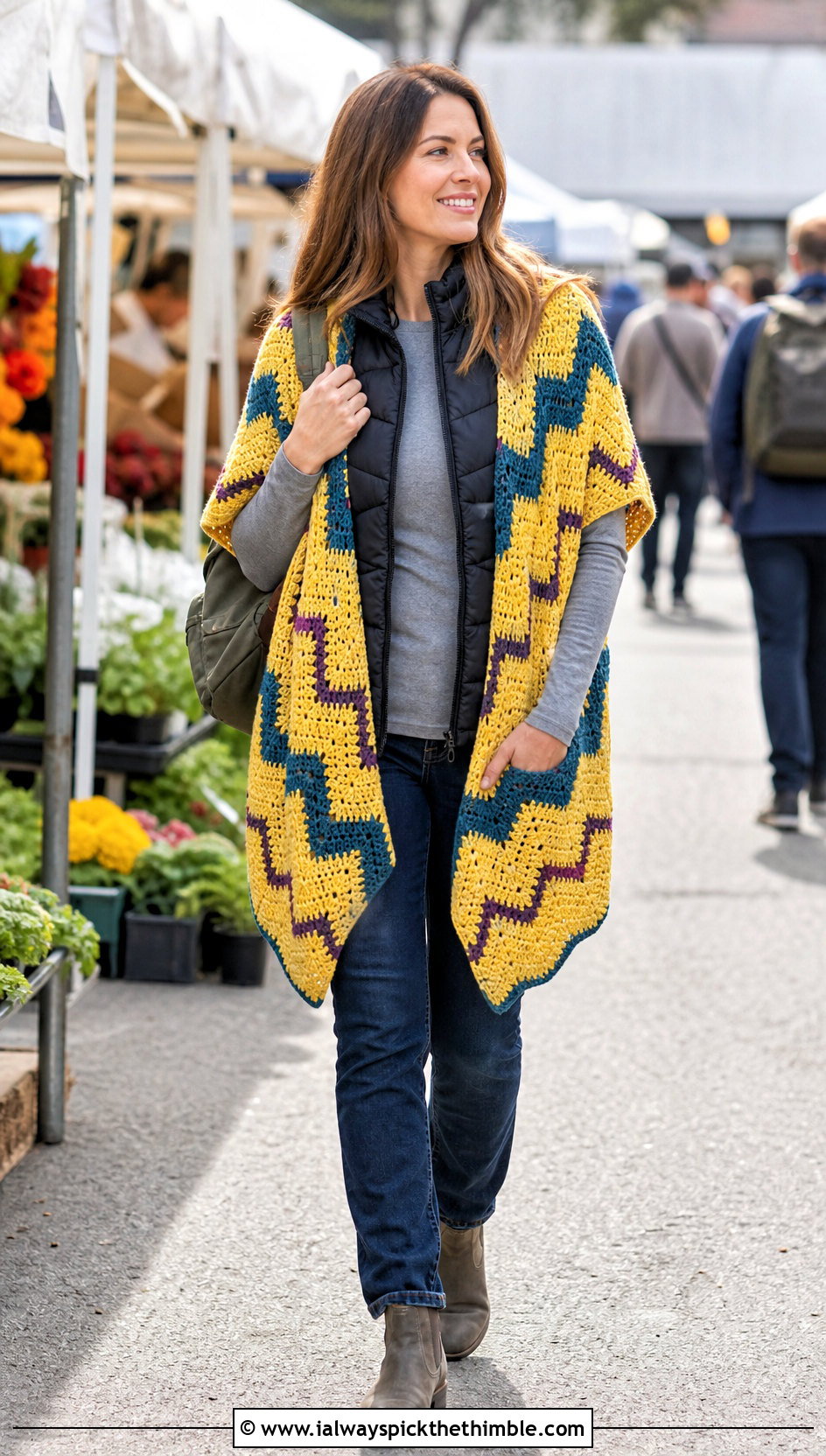 Chevron Crochet Wrap With Puffer Vest And Jeans - 25 crochet wrap with pockets outfit ideas