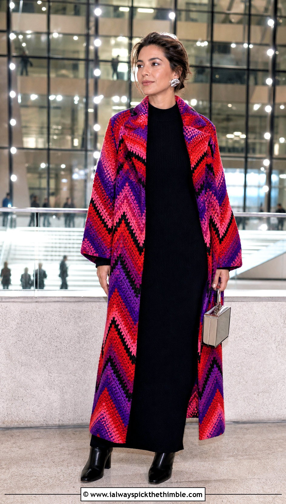 Chevron Crocheted Sweater Coat With Black Maxi Dress - 15 colorful crocheted sweater coat outfit ideas