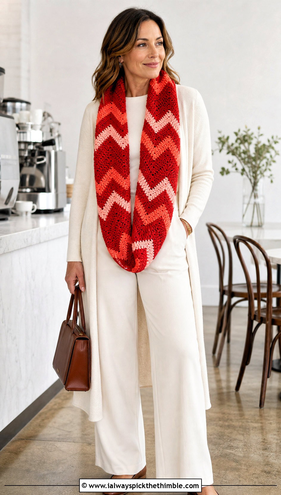 Chevron Double Length Crochet Cowl With Monochrome Separates - 15 Double Length Crochet Cowl outfit ideas