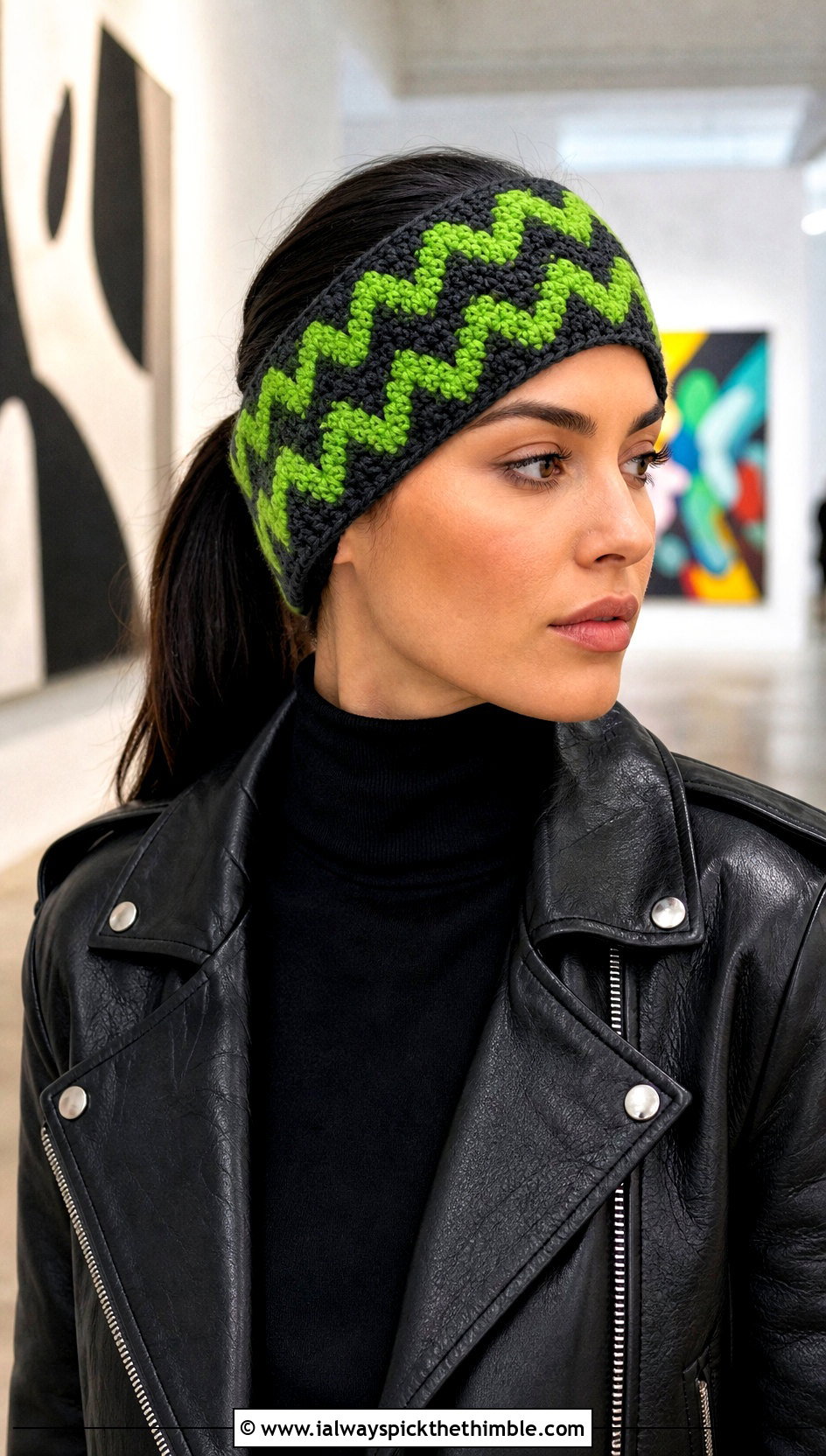 Chevron Ear Warmer With Leather Jacket - 20 Easy Crocheted Headbands Ear Warmers outfit ideas