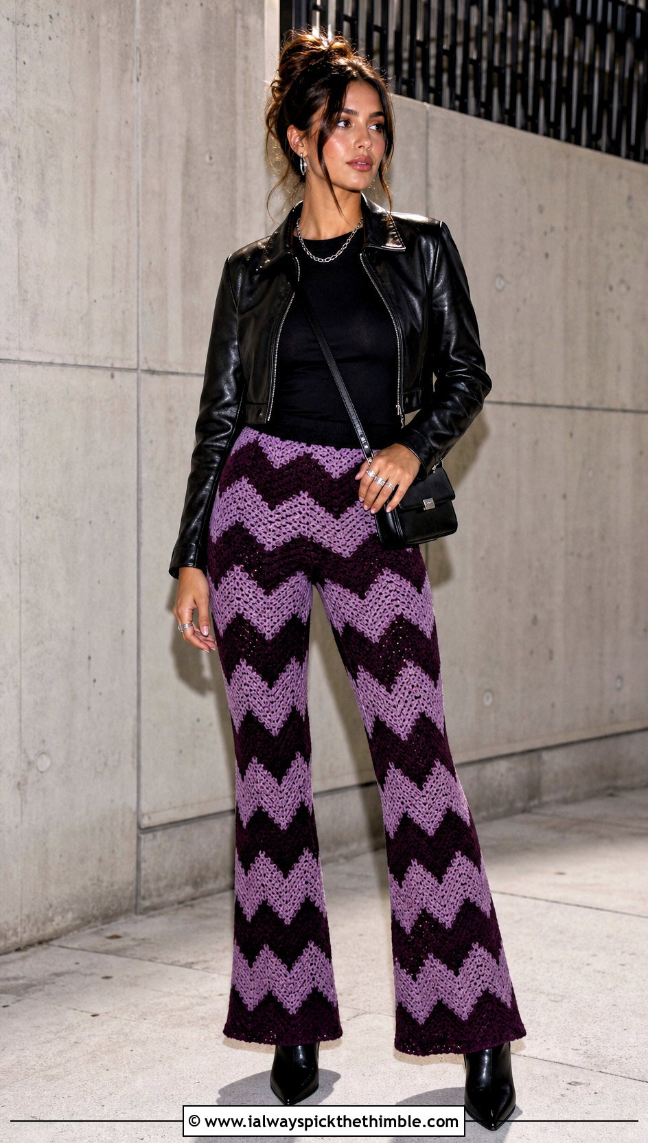 Chevron Flare Crochet Trousers With Leather Jacket - 25 crochet trousers outfit ideas