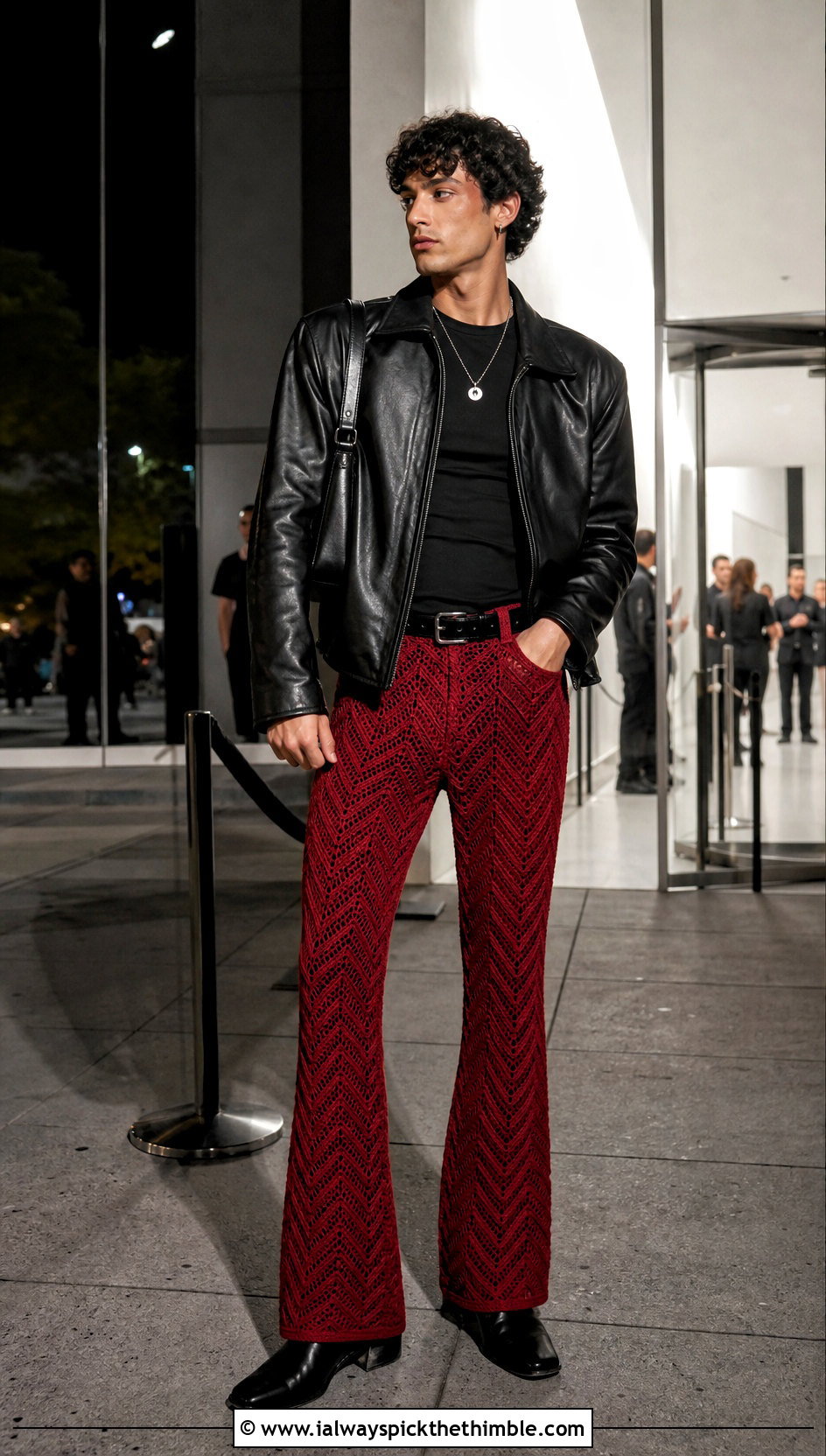 Chevron Flared Crochet Pants With Leather Jacket - 20 mens crochet pants outfit ideas