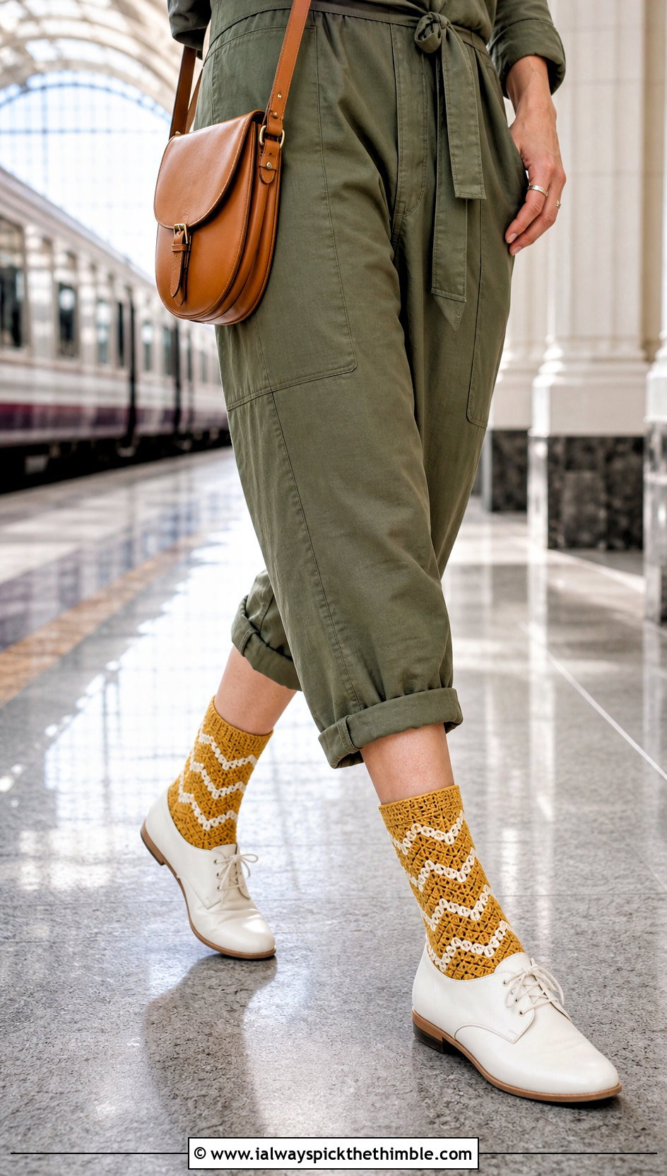 Chevron Flat Crochet Socks With a Utility Jumpsuit - 20 flat crochet sock outfit ideas