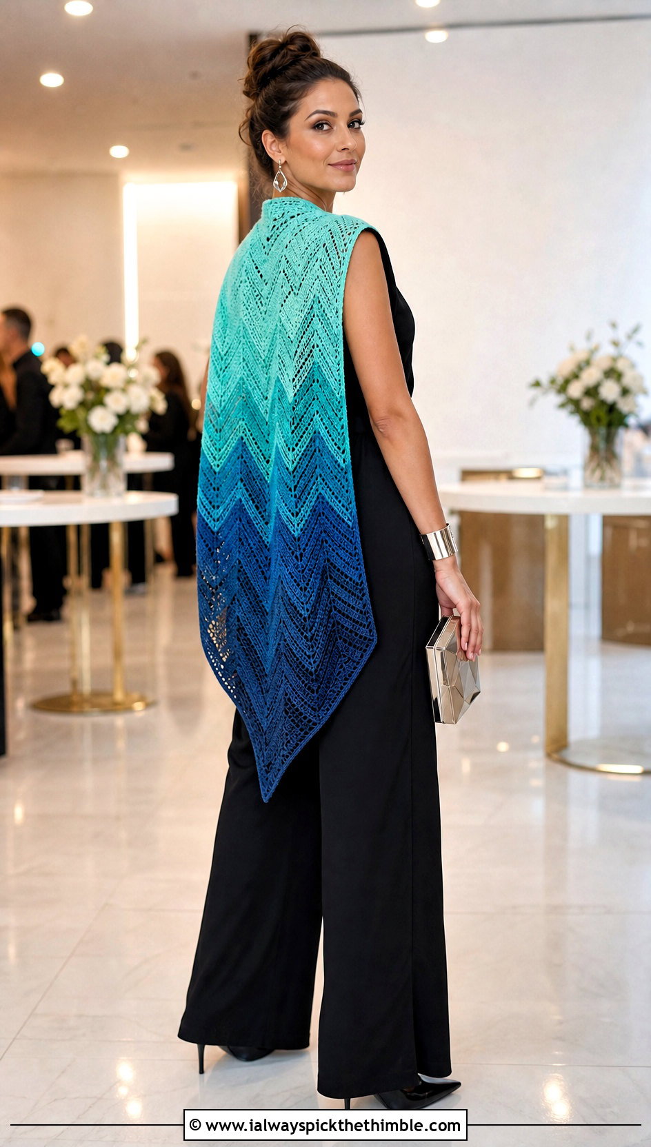 Chevron Gradient Crochet Shawl Vest With Black Jumpsuit - 20 crochet shawl vest outfit ideas