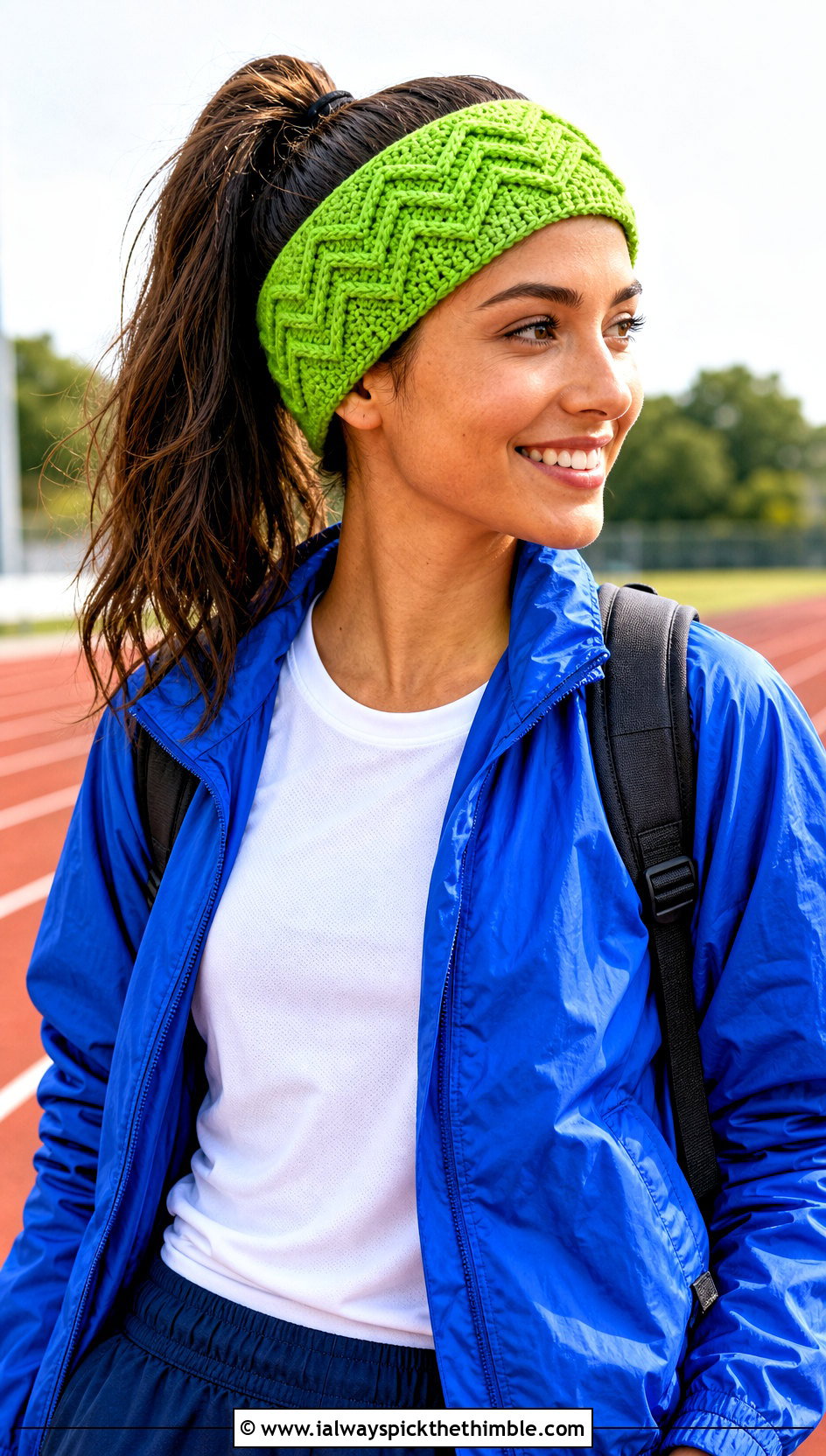 Chevron Green Crochet Headband With Windbreaker And Track Pants - 20 green crochet headband outfit ideas