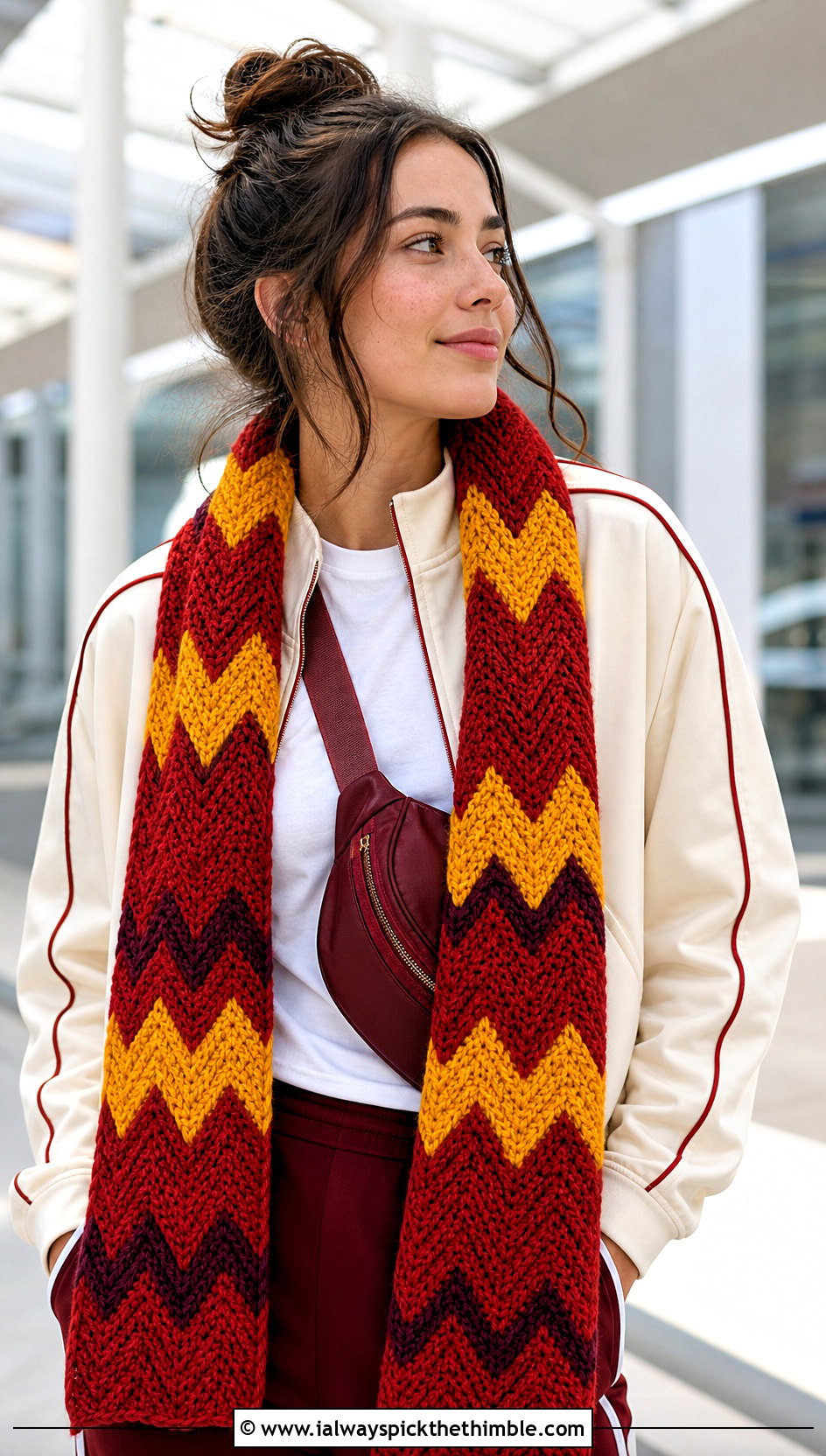 Chevron Gryffindor Crochet Scarf With Track Jacket - 20 gryffindor crochet scarf outfit ideas
