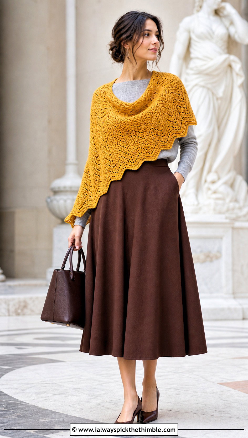 Chevron Half Moon Crochet Shawl With Midi Skirt - 20 Half Moon Crochet Shawl outfit ideas