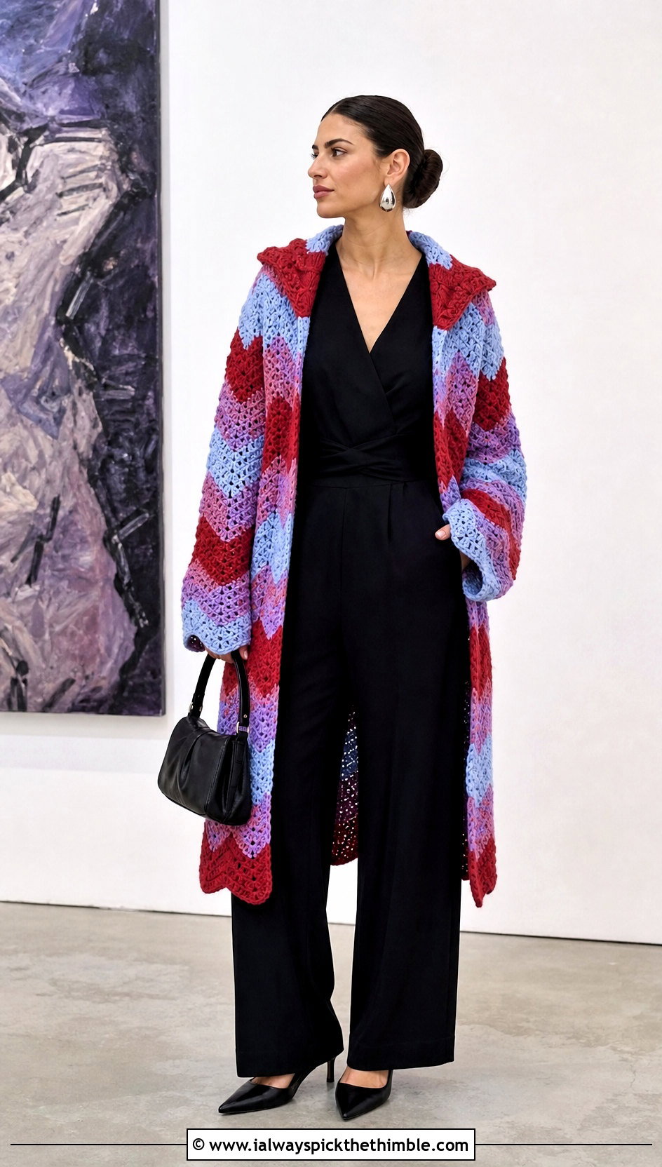 Chevron Hooded Crochet Cardigan With Black Jumpsuit - 25 hooded crochet cardigan outfit ideas