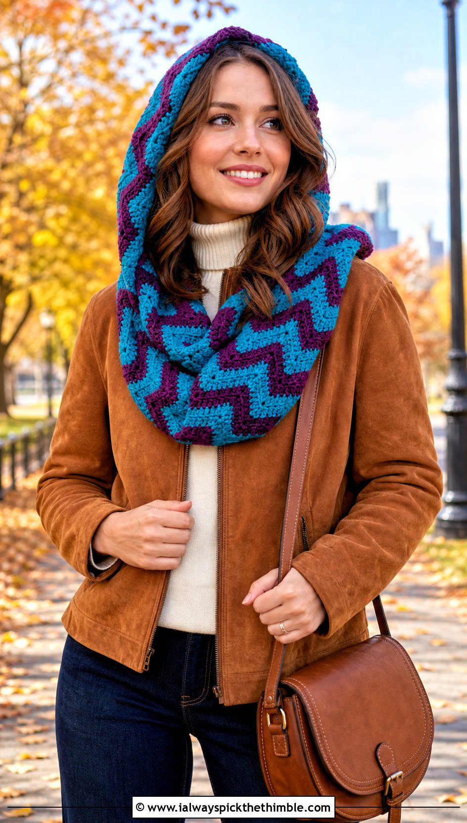 Chevron Hooded Crochet Cowl Snood With Suede Jacket - 20 hooded crochet cowl snood outfit ideas