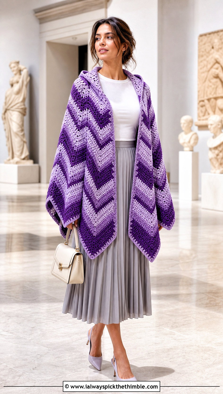 Chevron Hooded Crochet Ruana With Pleated Midi Skirt - 20 Hooded Crochet Ruana outfit ideas