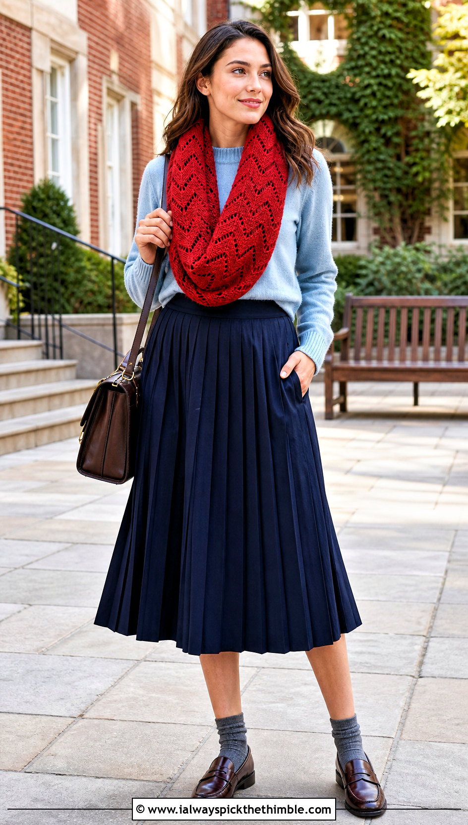 Chevron Infinity Scarf With Pleated Skirt - 20 Beginner Crochet Infinity Scarf outfit ideas