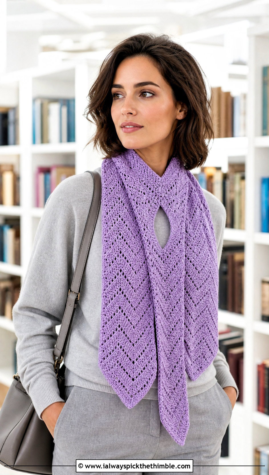 Chevron Keyhole Crochet Scarf With Minimal Sweater - 20 Keyhole Crochet Scarf outfit ideas