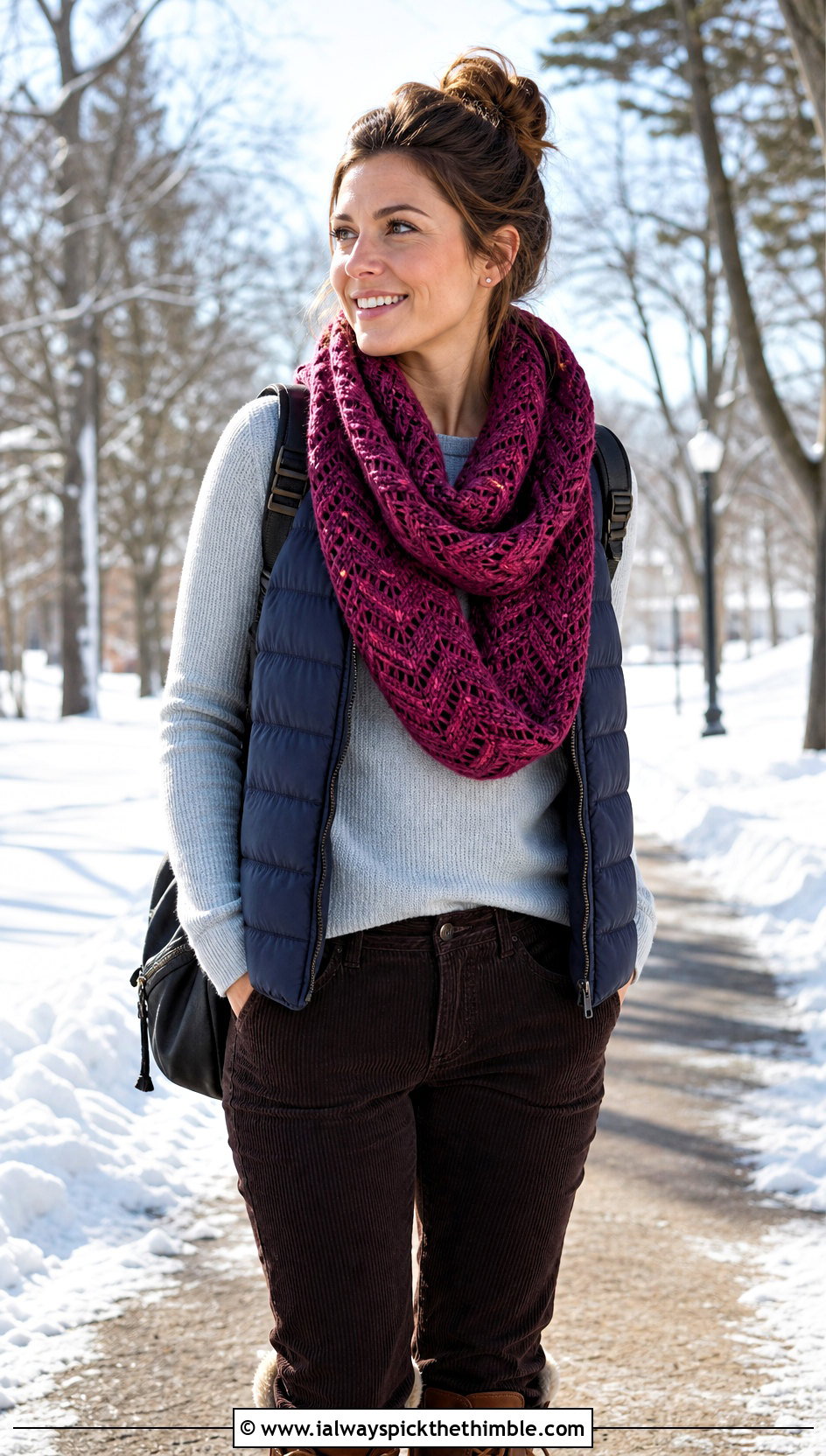 Chevron Lace Infinity Scarf With Puffer Vest - 20 Lacy Crochet Infinity Scarf outfit ideas