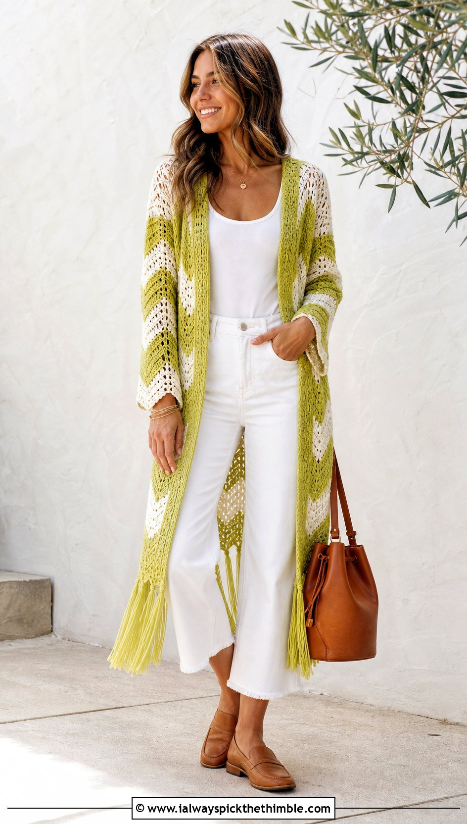 Chevron Long Crochet Cardigan With Fringe And White Denim - 15 long crochet cardigan with fringe outfit ideas