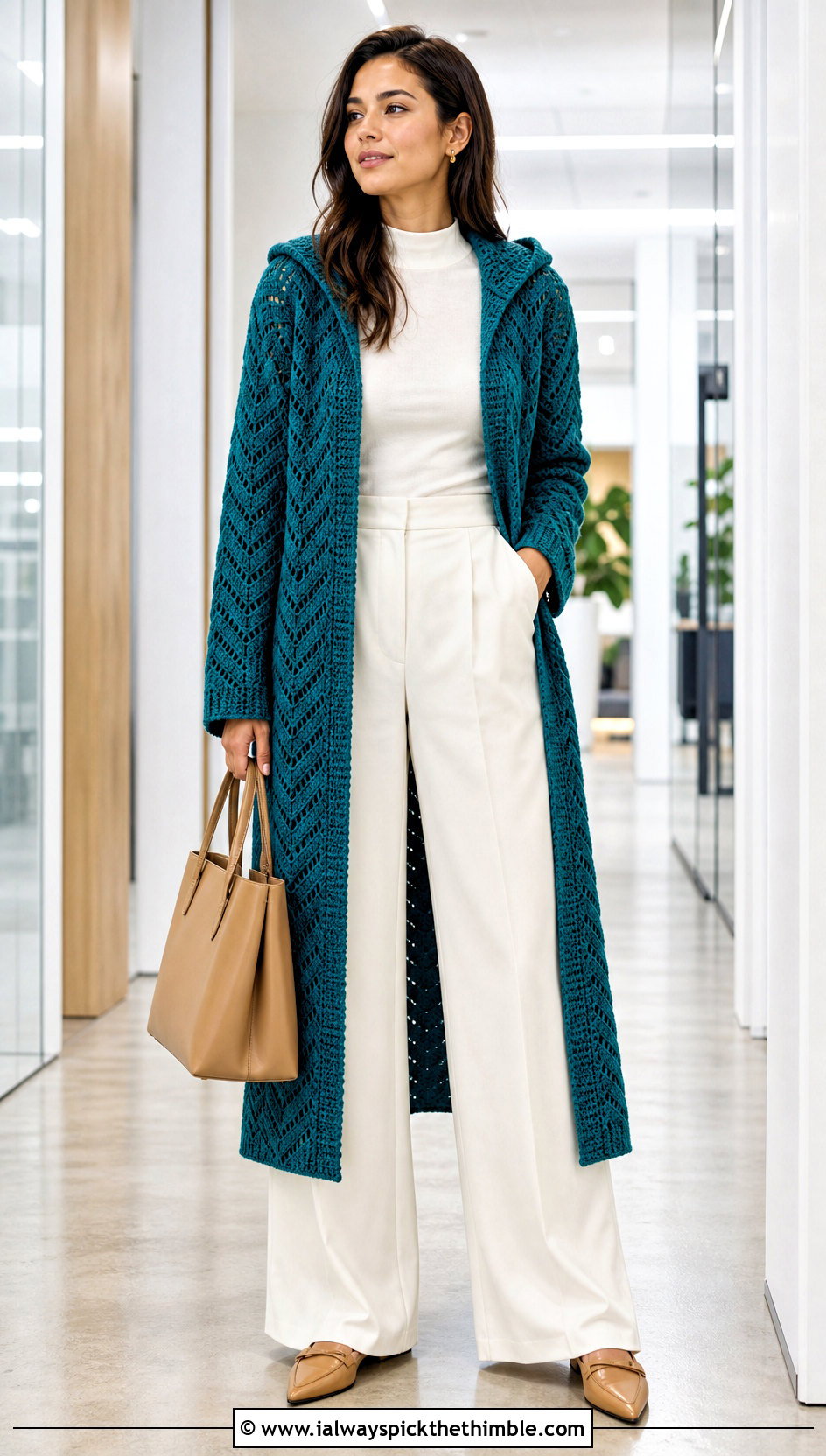 Chevron Long Hooded Cardigan With Wide Leg Trousers - 20 crochet long hooded cardigan outfit ideas